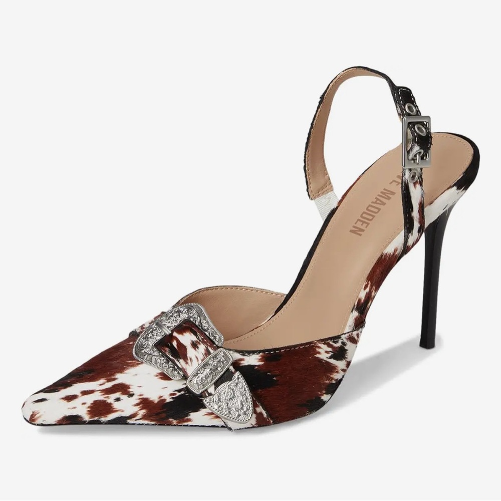 Steve Madden Brown White Cow Print Pointed Slingback Heels with Silver Buckles - Picture 6 of 12